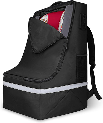 Car Seat Travel Bag for Airplane, Universal Gate Check Car Seat Bag, Padded Backpack with Waist Belt, Reflective Strips & Protective Feet, Fits Infant Convertible Booster Seats, Black