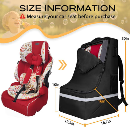 Car Seat Travel Bag for Airplane, Universal Gate Check Car Seat Bag, Padded Backpack with Waist Belt, Reflective Strips & Protective Feet, Fits Infant Convertible Booster Seats, Black