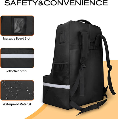 Car Seat Travel Bag for Airplane, Universal Gate Check Car Seat Bag, Padded Backpack with Waist Belt, Reflective Strips & Protective Feet, Fits Infant Convertible Booster Seats, Black