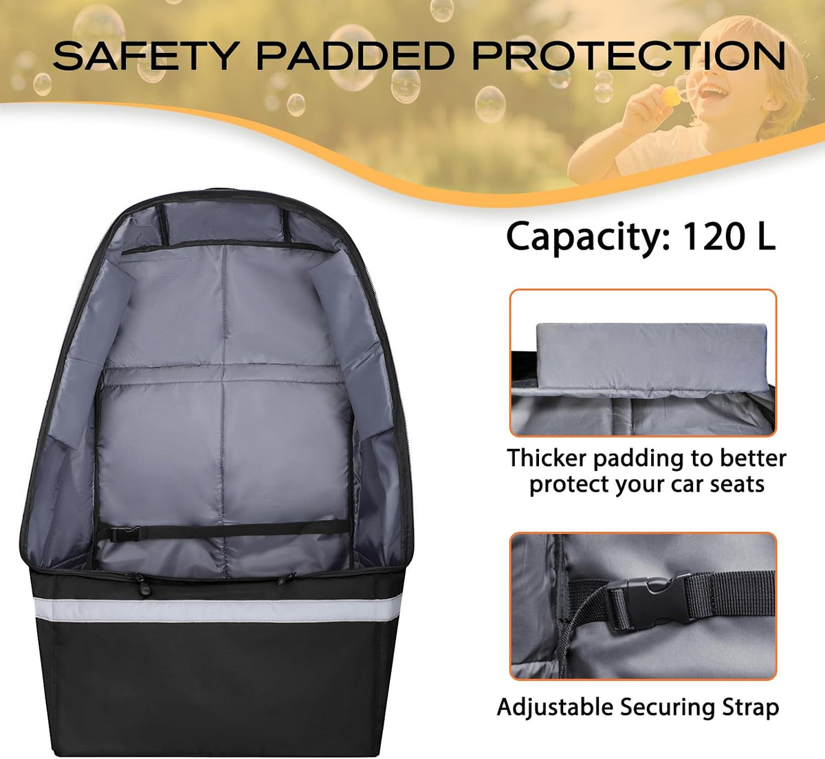 Car Seat Travel Bag for Airplane, Universal Gate Check Car Seat Bag, Padded Backpack with Waist Belt, Reflective Strips & Protective Feet, Fits Infant Convertible Booster Seats, Black