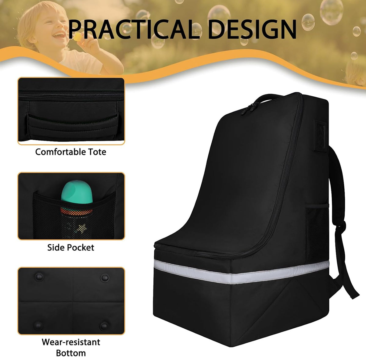 Car Seat Travel Bag for Airplane, Universal Gate Check Car Seat Bag, Padded Backpack with Waist Belt, Reflective Strips & Protective Feet, Fits Infant Convertible Booster Seats, Black