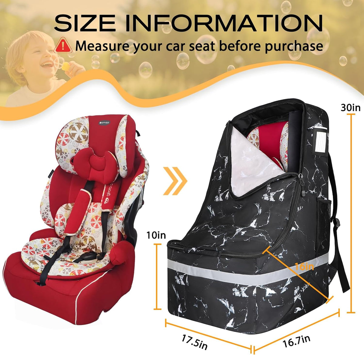 Car Seat Travel Bag for Airplane, Universal Gate Check Car Seat Bag, Padded Backpack with Waist Belt, Reflective Strips & Protective Feet, Fits Infant Convertible Booster Seats, Black
