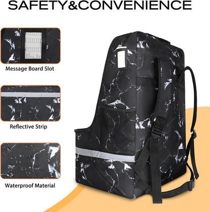 Car Seat Travel Bag for Airplane, Universal Gate Check Car Seat Bag, Padded Backpack with Waist Belt, Reflective Strips & Protective Feet, Fits Infant Convertible Booster Seats, Black