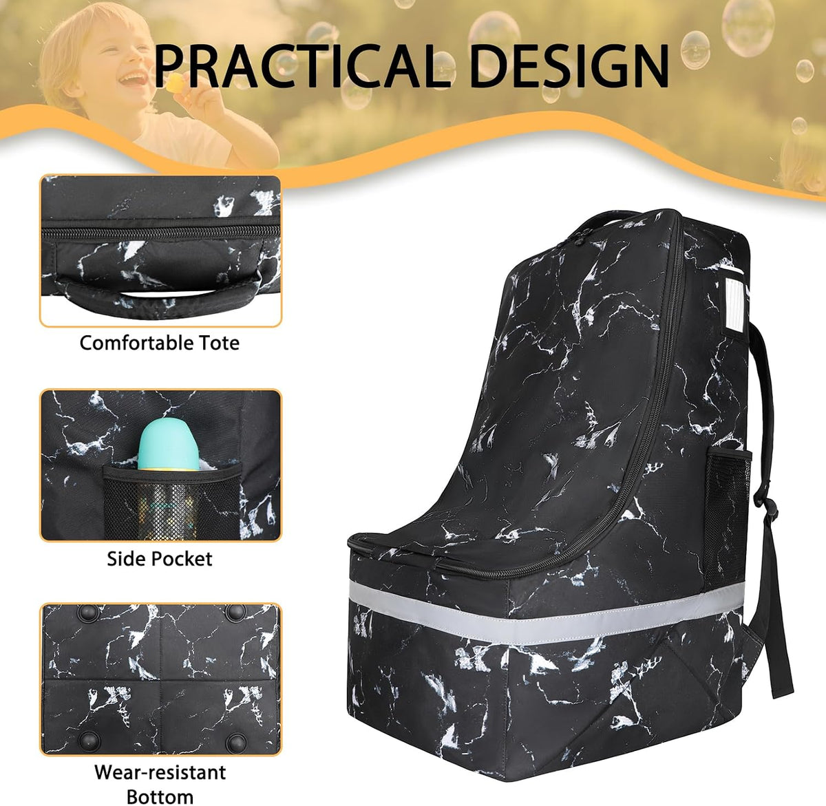 Car Seat Travel Bag for Airplane, Universal Gate Check Car Seat Bag, Padded Backpack with Waist Belt, Reflective Strips & Protective Feet, Fits Infant Convertible Booster Seats, Black
