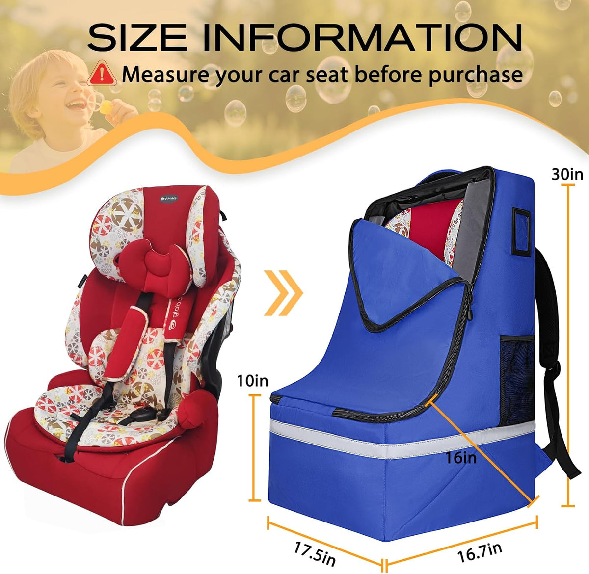 Car Seat Travel Bag for Airplane, Universal Gate Check Car Seat Bag, Padded Backpack with Waist Belt, Reflective Strips & Protective Feet, Fits Infant Convertible Booster Seats, Black