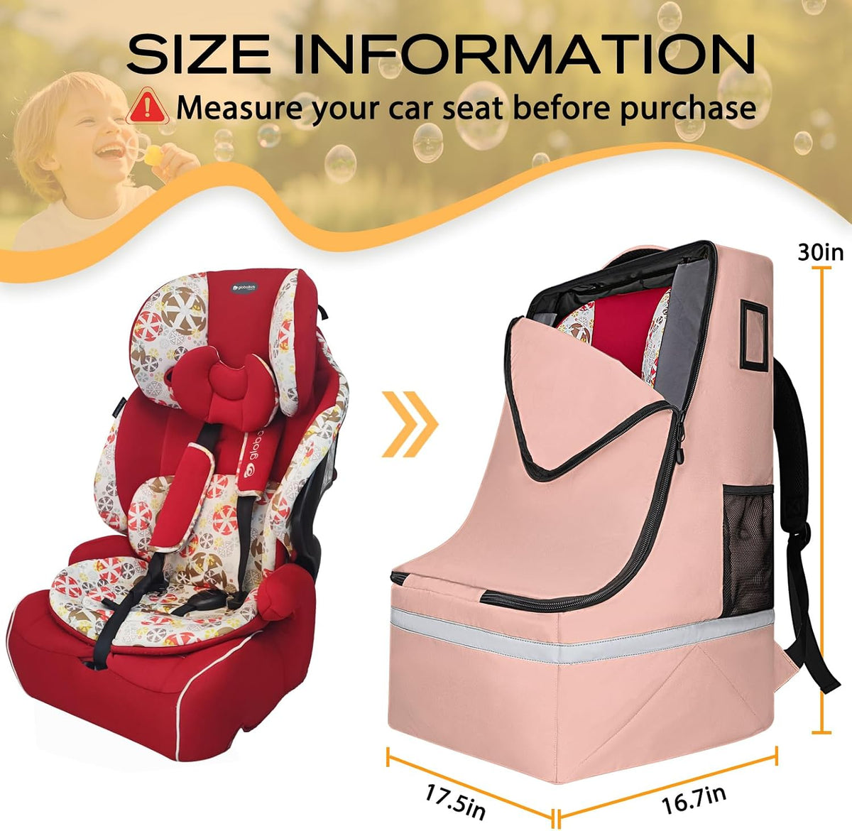 Car Seat Travel Bag for Airplane, Universal Gate Check Car Seat Bag, Padded Backpack with Waist Belt, Reflective Strips & Protective Feet, Fits Infant Convertible Booster Seats, Black
