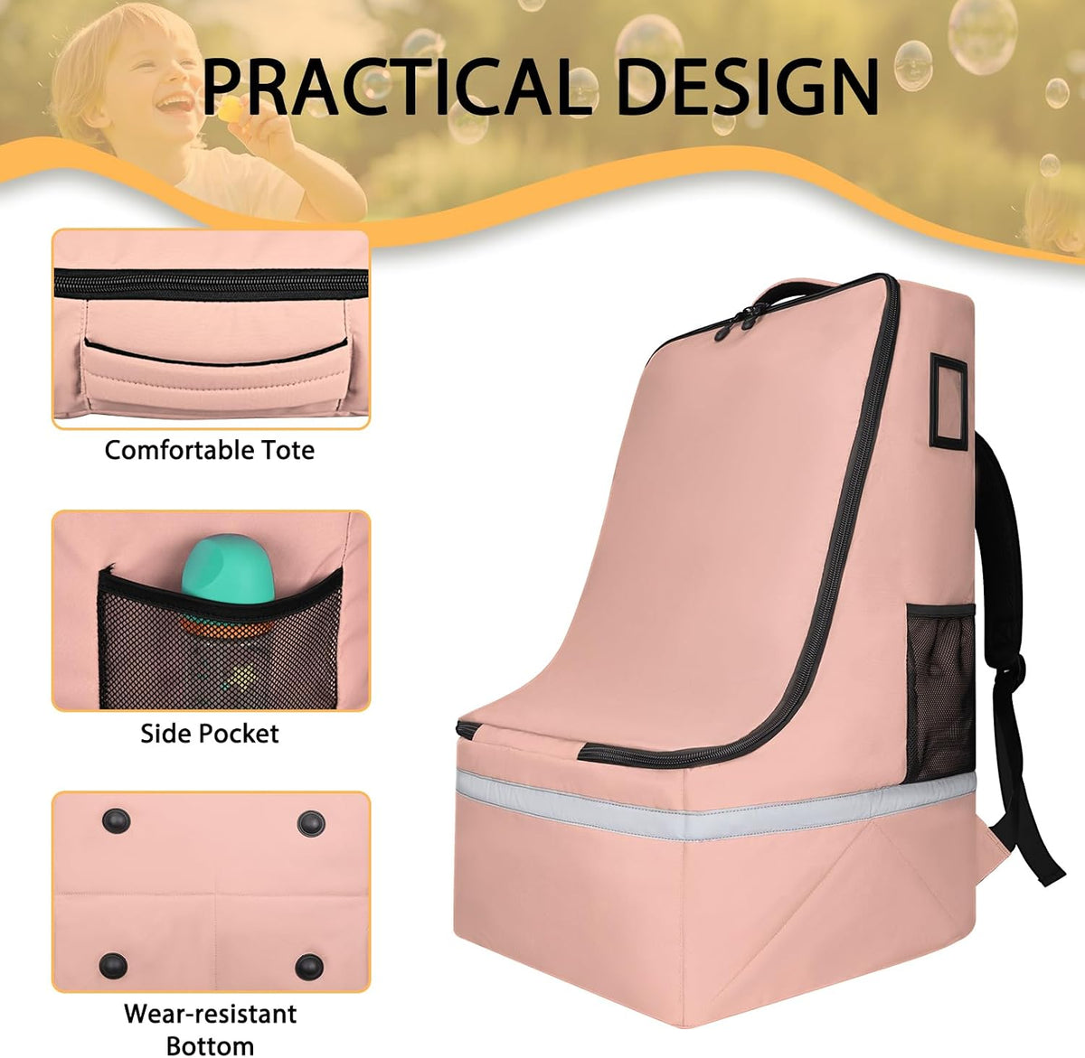 Car Seat Travel Bag for Airplane, Universal Gate Check Car Seat Bag, Padded Backpack with Waist Belt, Reflective Strips & Protective Feet, Fits Infant Convertible Booster Seats, Black