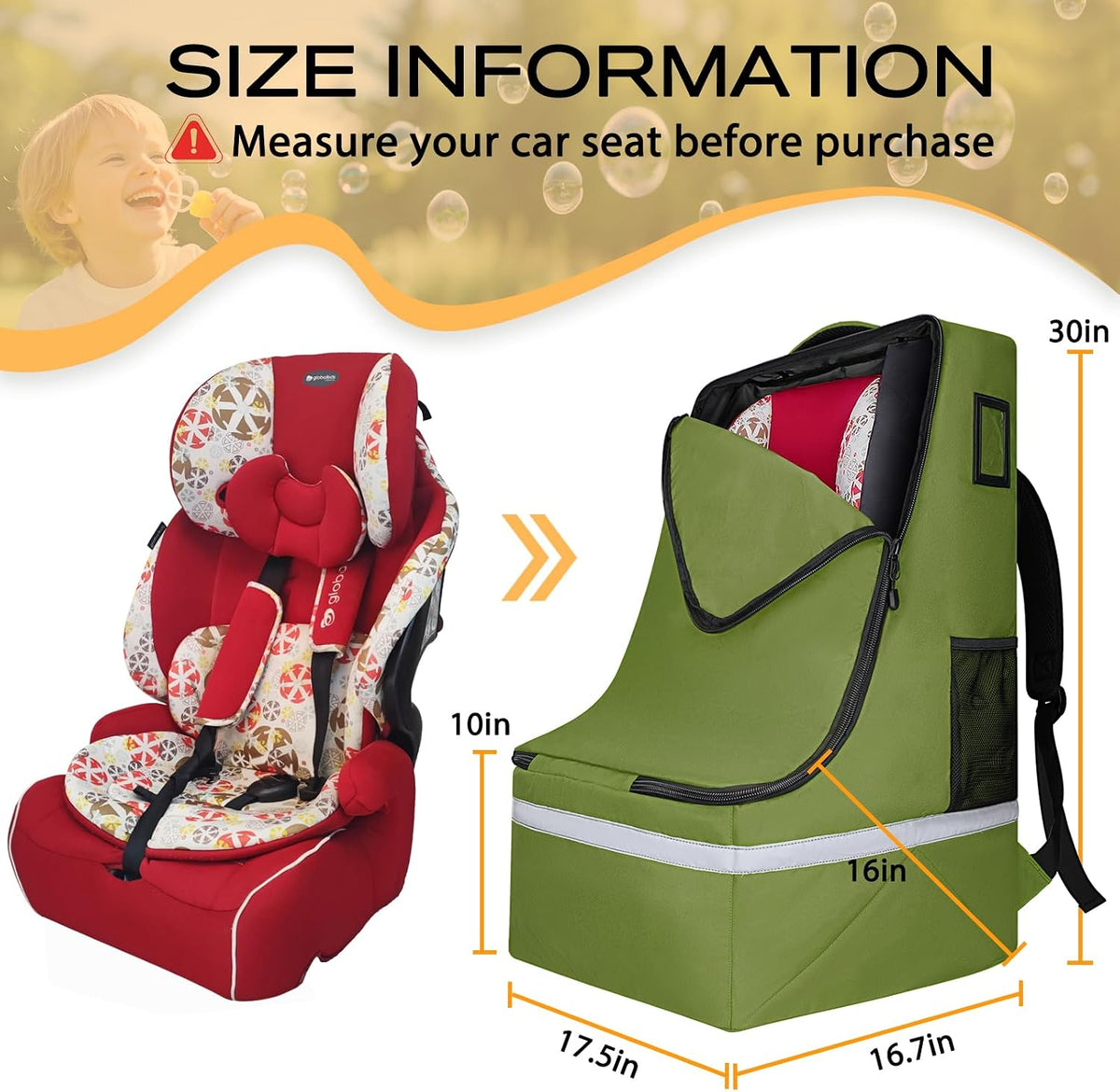 Car Seat Travel Bag for Airplane, Universal Gate Check Car Seat Bag, Padded Backpack with Waist Belt, Reflective Strips & Protective Feet, Fits Infant Convertible Booster Seats, Black