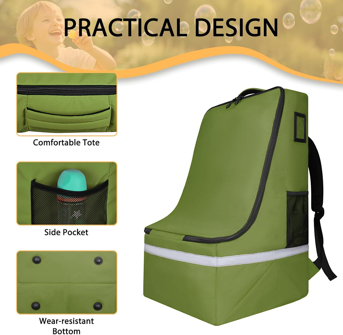 Car Seat Travel Bag for Airplane, Universal Gate Check Car Seat Bag, Padded Backpack with Waist Belt, Reflective Strips & Protective Feet, Fits Infant Convertible Booster Seats, Black