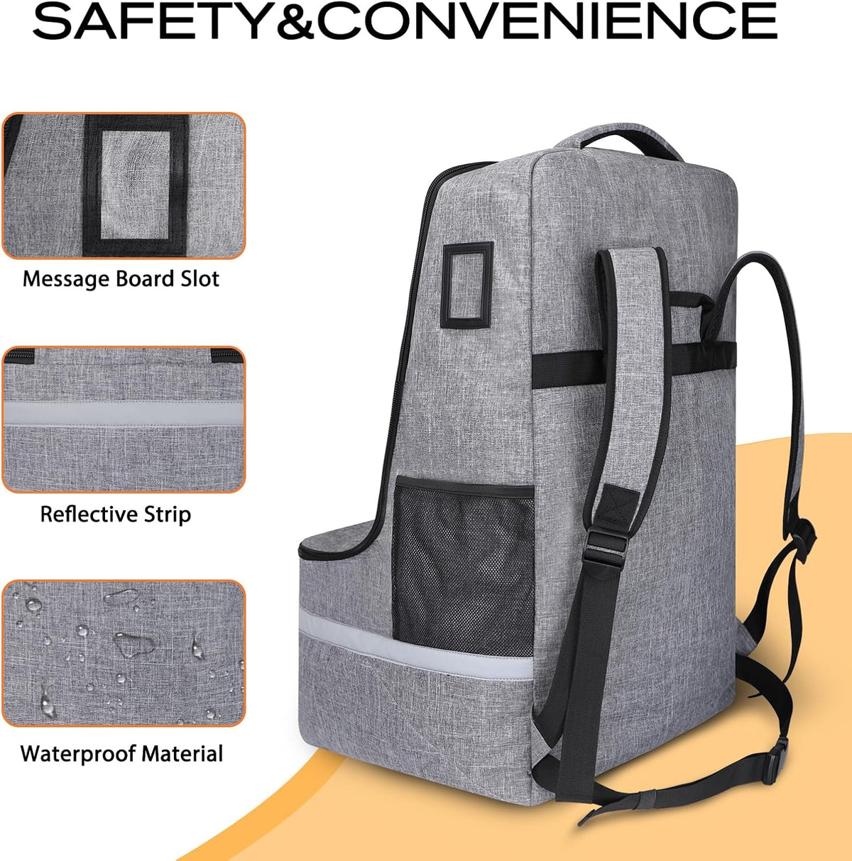 Car Seat Travel Bag for Airplane, Universal Gate Check Car Seat Bag, Padded Backpack with Waist Belt, Reflective Strips & Protective Feet, Fits Infant Convertible Booster Seats, Black