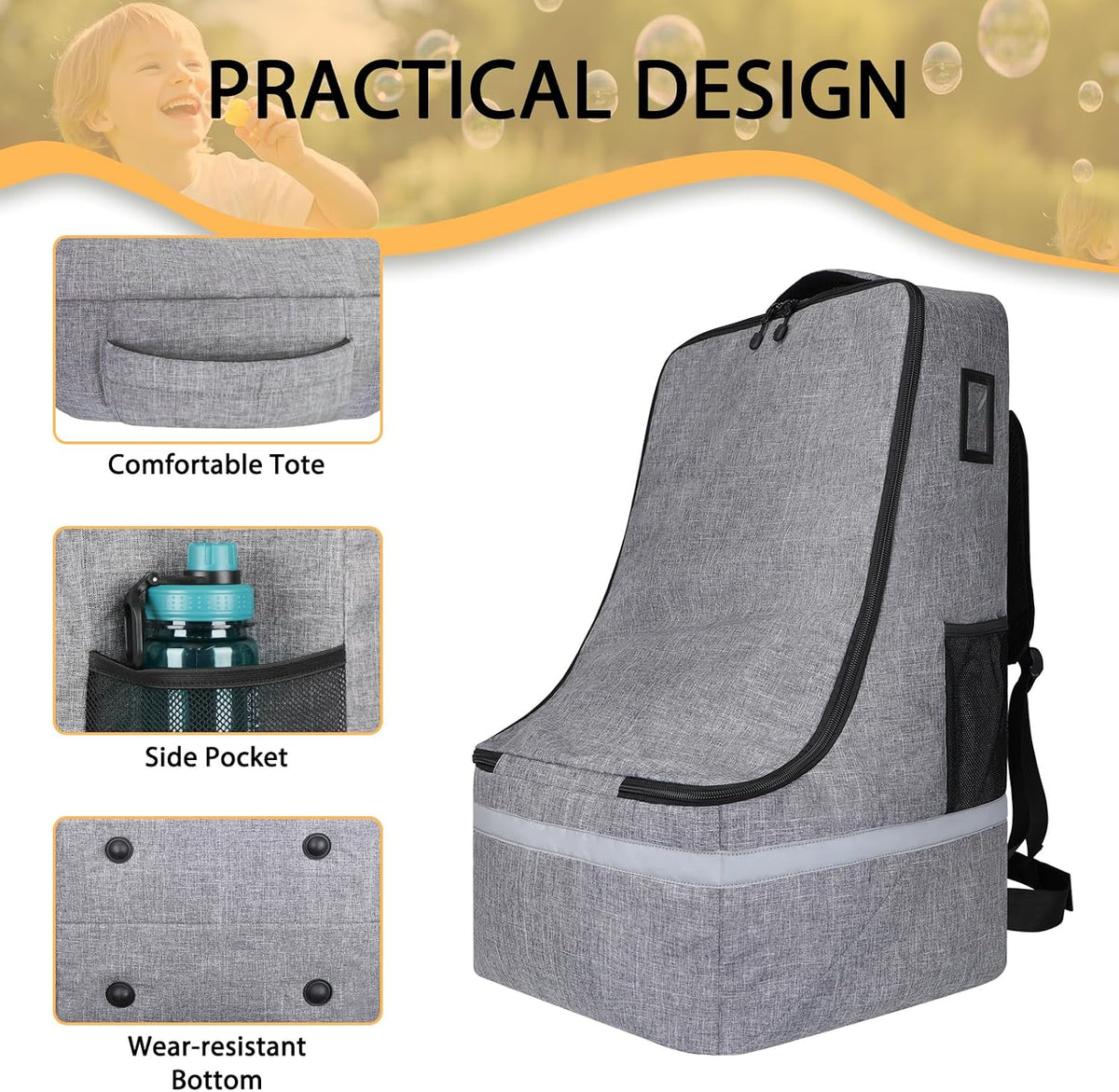 Car Seat Travel Bag for Airplane, Universal Gate Check Car Seat Bag, Padded Backpack with Waist Belt, Reflective Strips & Protective Feet, Fits Infant Convertible Booster Seats, Black