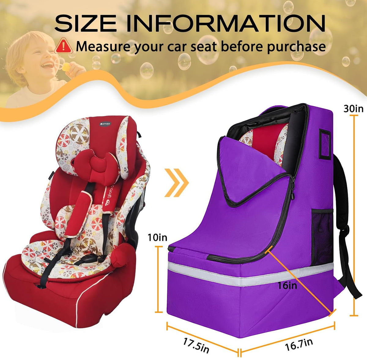 Car Seat Travel Bag for Airplane, Universal Gate Check Car Seat Bag, Padded Backpack with Waist Belt, Reflective Strips & Protective Feet, Fits Infant Convertible Booster Seats, Black