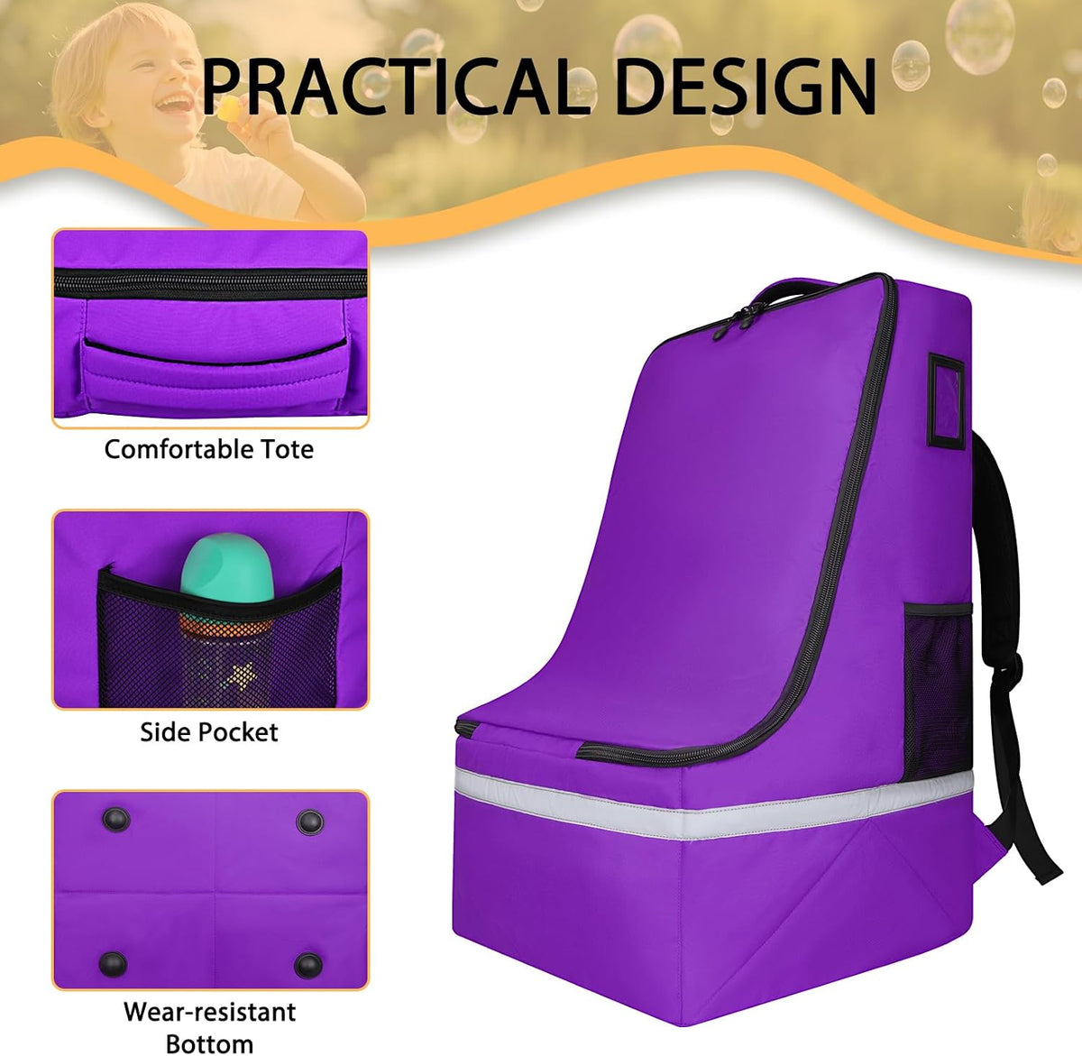 Car Seat Travel Bag for Airplane, Universal Gate Check Car Seat Bag, Padded Backpack with Waist Belt, Reflective Strips & Protective Feet, Fits Infant Convertible Booster Seats, Black