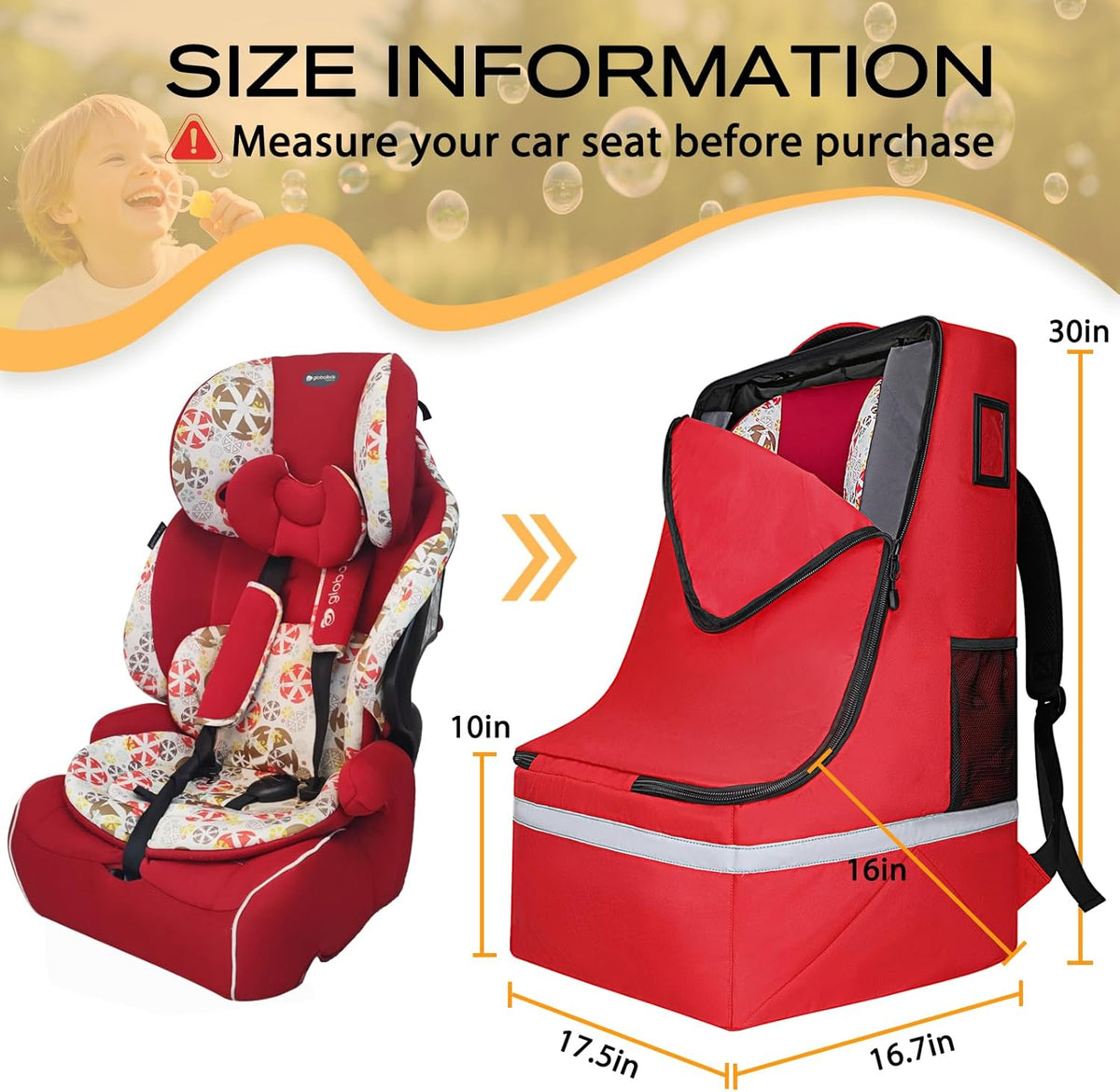 Car Seat Travel Bag for Airplane, Universal Gate Check Car Seat Bag, Padded Backpack with Waist Belt, Reflective Strips & Protective Feet, Fits Infant Convertible Booster Seats, Black