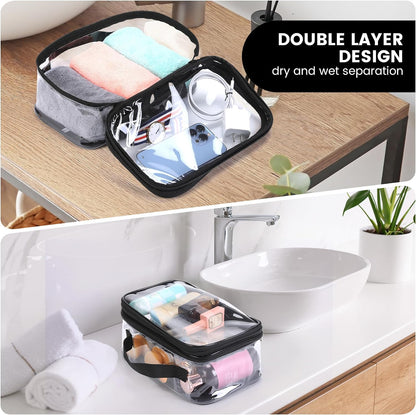 Large Clear travel bags for toiletries pouches carry on reusable,purse see-through plastic pvc TSA airport approved with handle (Black)
