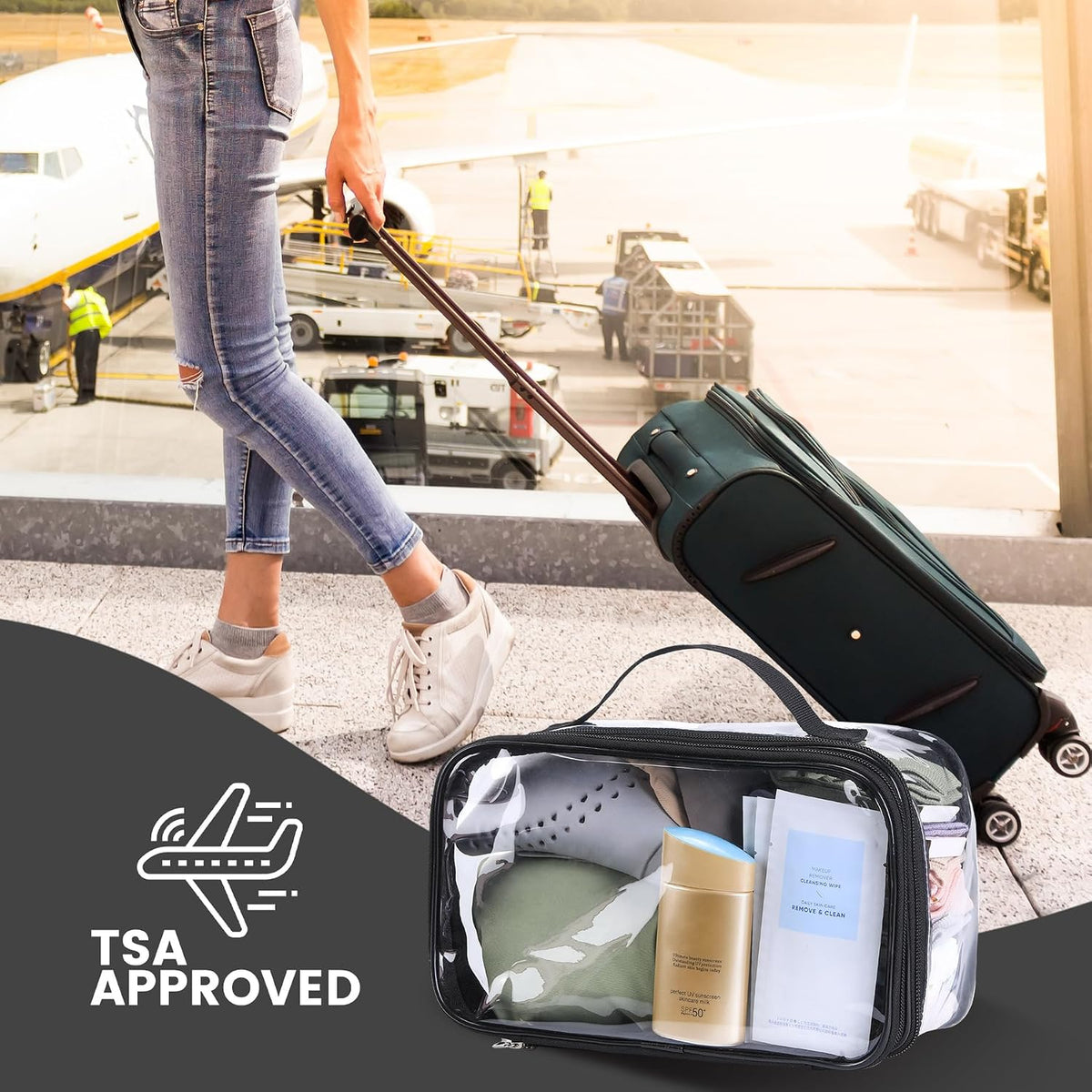 Large Clear travel bags for toiletries pouches carry on reusable,purse see-through plastic pvc TSA airport approved with handle (Black)