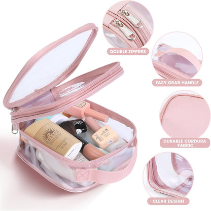 Large Clear travel bags for toiletries pouches carry on reusable,purse see-through plastic pvc TSA airport approved with handle (Black)