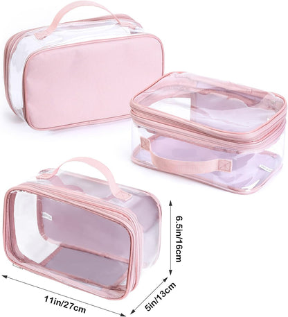 Large Clear travel bags for toiletries pouches carry on reusable,purse see-through plastic pvc TSA airport approved with handle (Black)