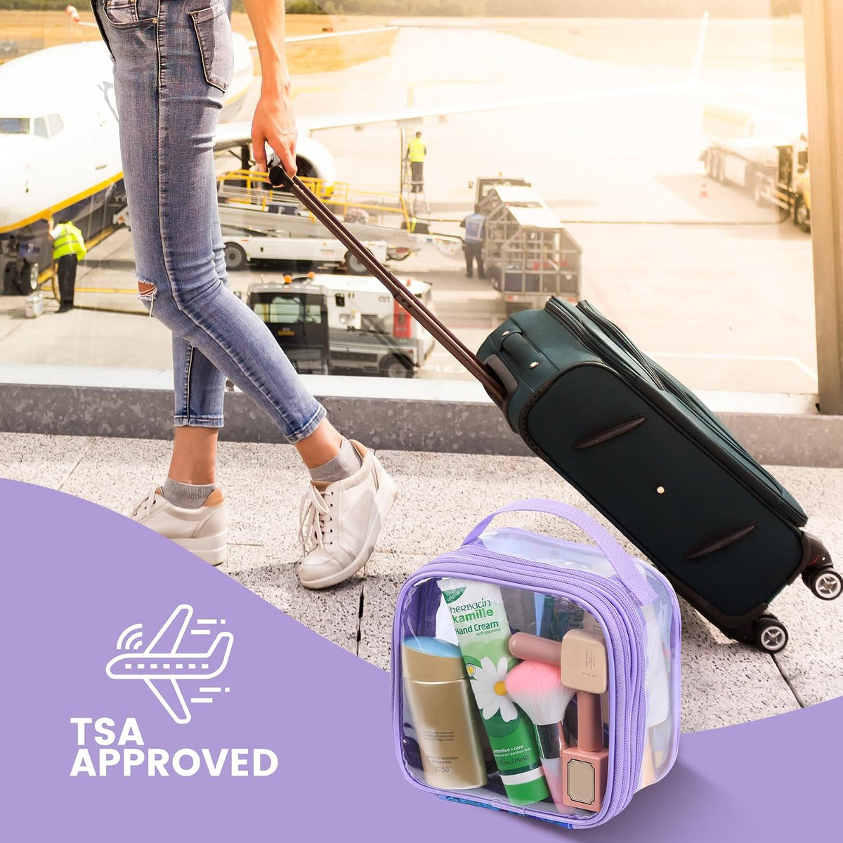 Large Clear travel bags for toiletries pouches carry on reusable,purse see-through plastic pvc TSA airport approved with handle (Black)