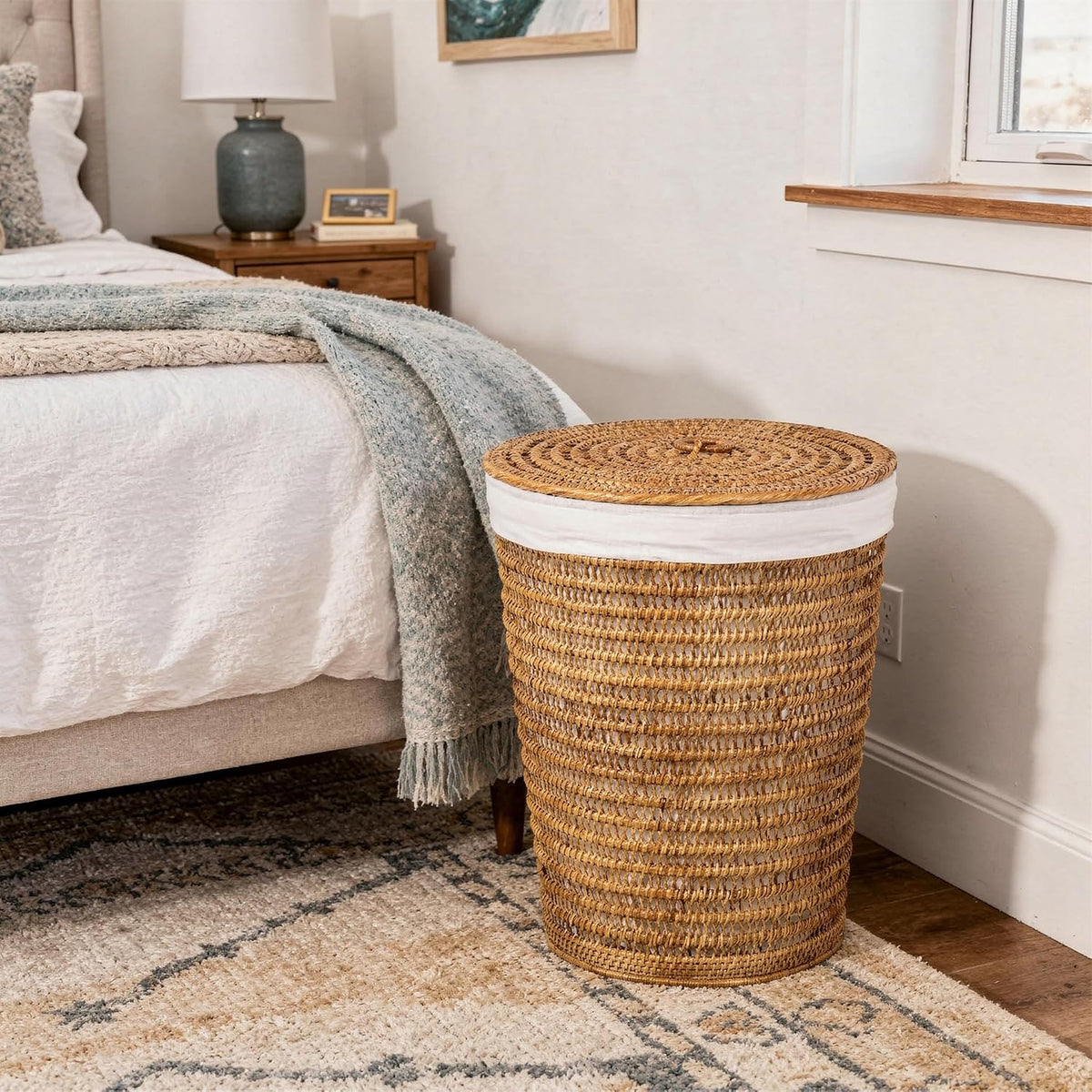 Rattan Laundry Hamper Removable Liner Clothes Basket White Wash