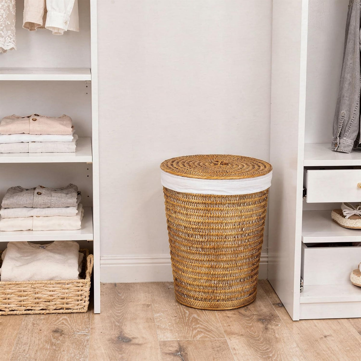 Rattan Laundry Hamper Removable Liner Clothes Basket White Wash