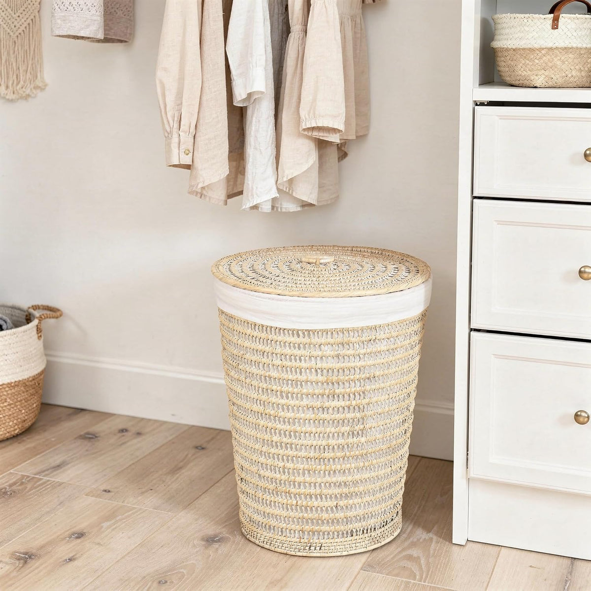 Rattan Laundry Hamper Removable Liner Clothes Basket White Wash