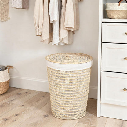 Rattan Laundry Hamper Removable Liner Clothes Basket White Wash