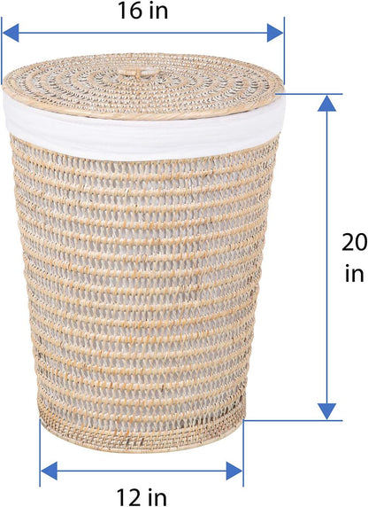 Rattan Laundry Hamper Removable Liner Clothes Basket White Wash
