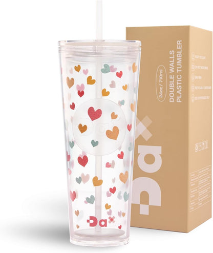 DA Plastic Tumbler With Lid And Straw, Double Wall Design, Leak Resistant Reusable BPA Free Travel Cup For Iced Coffee And Smoothies, 24oz (Pastel Purple Flowers)