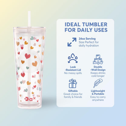 DA Plastic Tumbler With Lid And Straw, Double Wall Design, Leak Resistant Reusable BPA Free Travel Cup For Iced Coffee And Smoothies, 24oz (Pastel Purple Flowers)