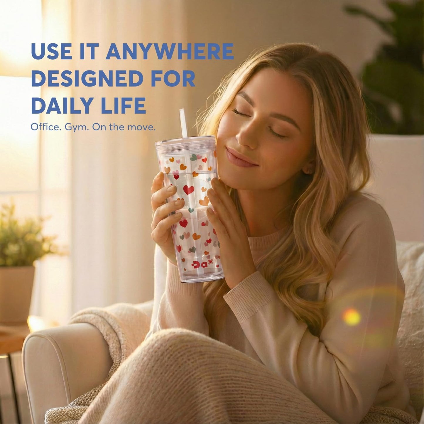 DA Plastic Tumbler With Lid And Straw, Double Wall Design, Leak Resistant Reusable BPA Free Travel Cup For Iced Coffee And Smoothies, 24oz (Pastel Purple Flowers)