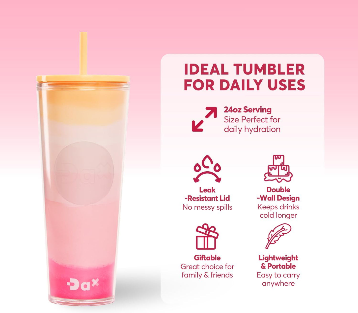 DA Plastic Tumbler With Lid And Straw, Double Wall Design, Leak Resistant Reusable BPA Free Travel Cup For Iced Coffee And Smoothies, 24oz (Pastel Purple Flowers)