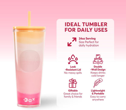 DA Plastic Tumbler With Lid And Straw, Double Wall Design, Leak Resistant Reusable BPA Free Travel Cup For Iced Coffee And Smoothies, 24oz (Pastel Purple Flowers)
