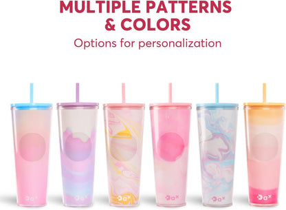 DA Plastic Tumbler With Lid And Straw, Double Wall Design, Leak Resistant Reusable BPA Free Travel Cup For Iced Coffee And Smoothies, 24oz (Pastel Purple Flowers)