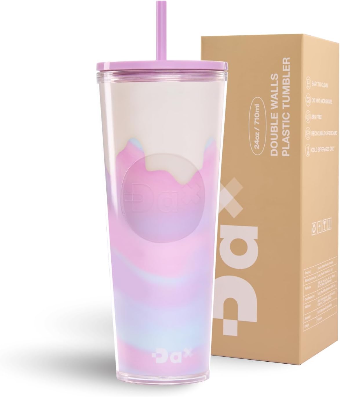DA Plastic Tumbler With Lid And Straw, Double Wall Design, Leak Resistant Reusable BPA Free Travel Cup For Iced Coffee And Smoothies, 24oz (Pastel Purple Flowers)