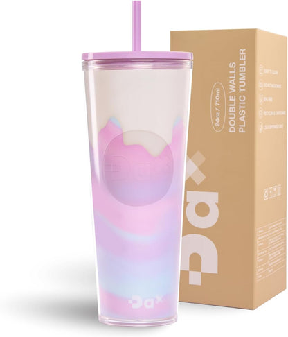 DA Plastic Tumbler With Lid And Straw, Double Wall Design, Leak Resistant Reusable BPA Free Travel Cup For Iced Coffee And Smoothies, 24oz (Pastel Purple Flowers)