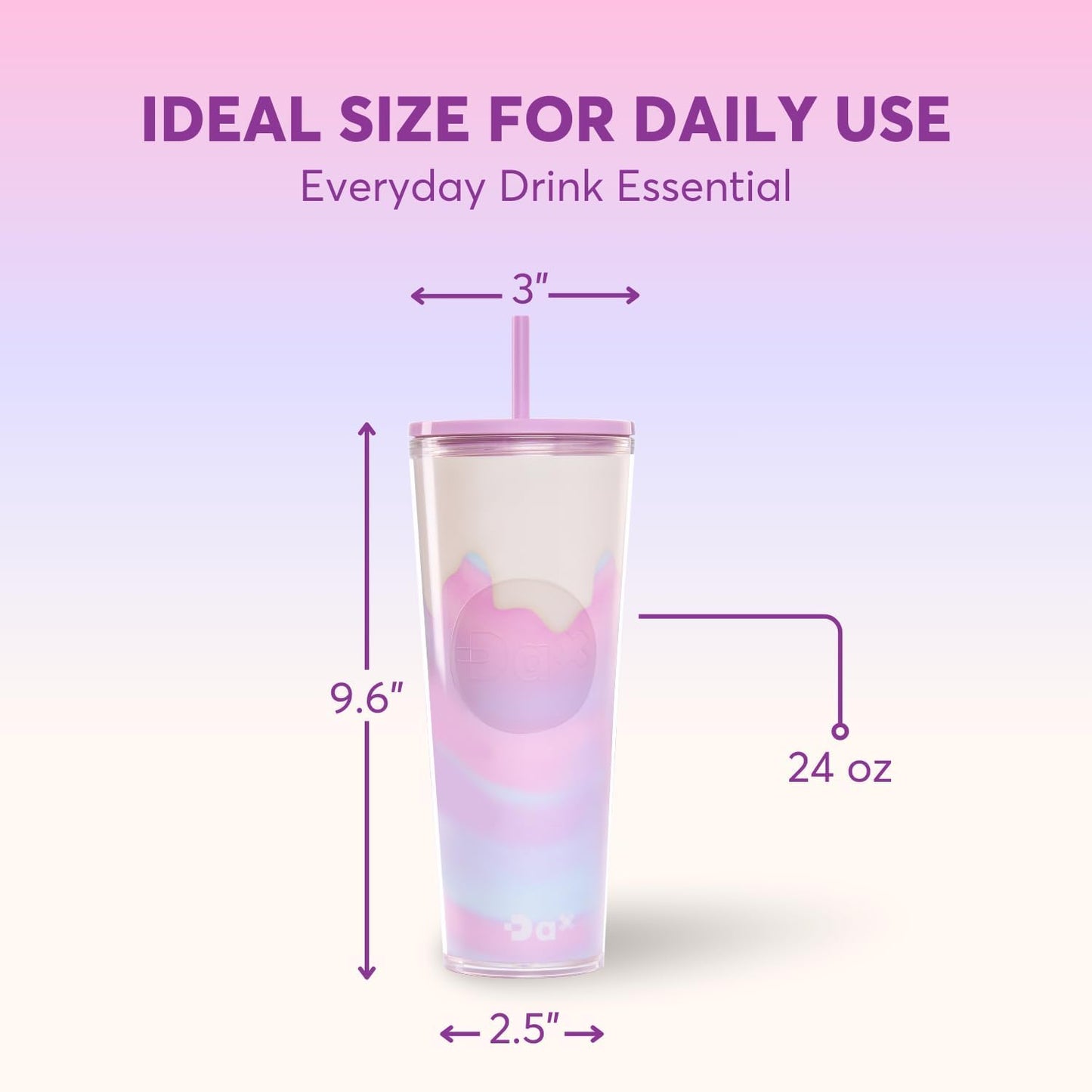 DA Plastic Tumbler With Lid And Straw, Double Wall Design, Leak Resistant Reusable BPA Free Travel Cup For Iced Coffee And Smoothies, 24oz (Pastel Purple Flowers)