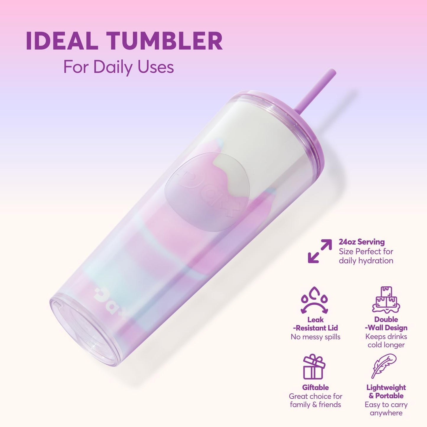 DA Plastic Tumbler With Lid And Straw, Double Wall Design, Leak Resistant Reusable BPA Free Travel Cup For Iced Coffee And Smoothies, 24oz (Pastel Purple Flowers)