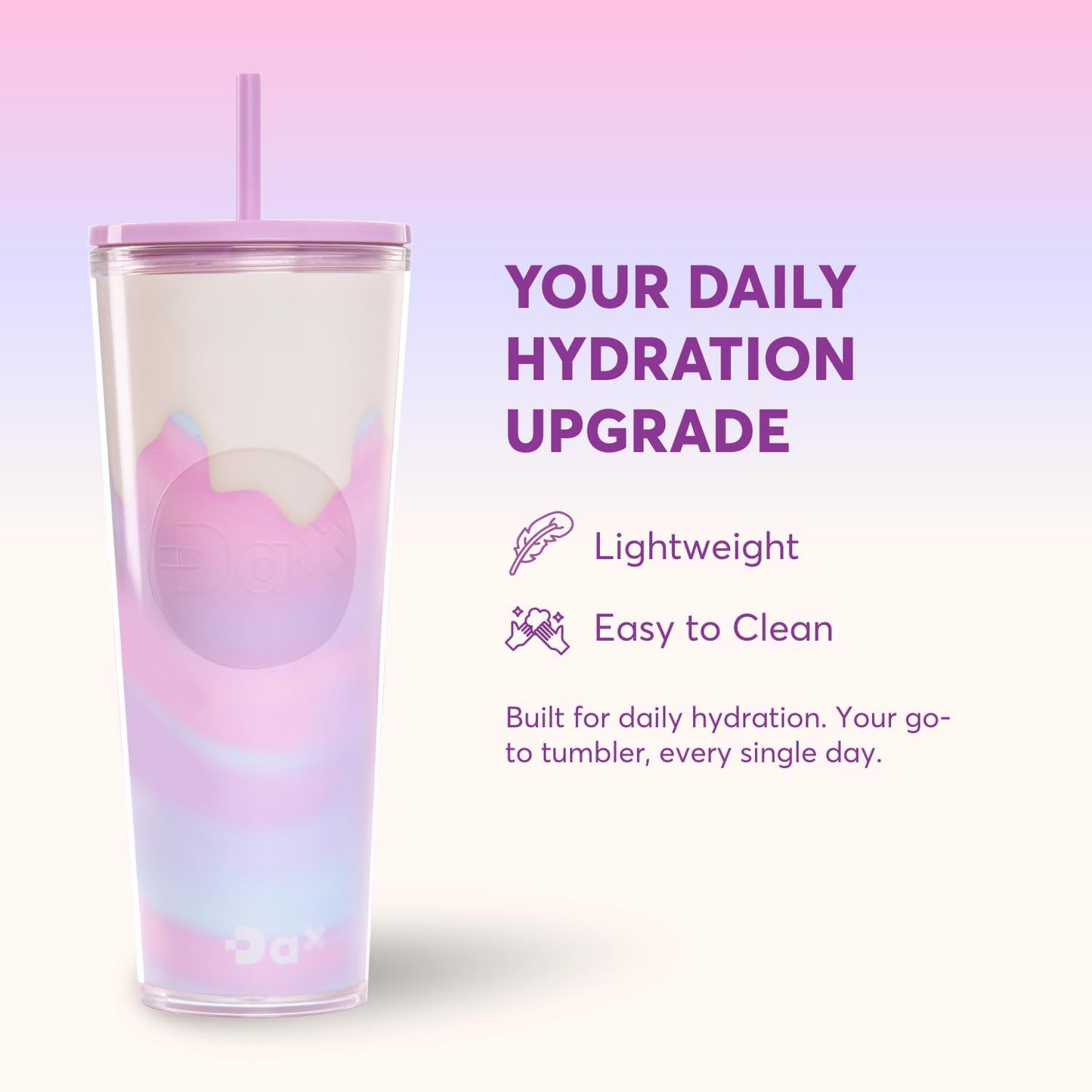 DA Plastic Tumbler With Lid And Straw, Double Wall Design, Leak Resistant Reusable BPA Free Travel Cup For Iced Coffee And Smoothies, 24oz (Pastel Purple Flowers)