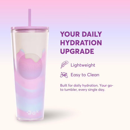 DA Plastic Tumbler With Lid And Straw, Double Wall Design, Leak Resistant Reusable BPA Free Travel Cup For Iced Coffee And Smoothies, 24oz (Pastel Purple Flowers)