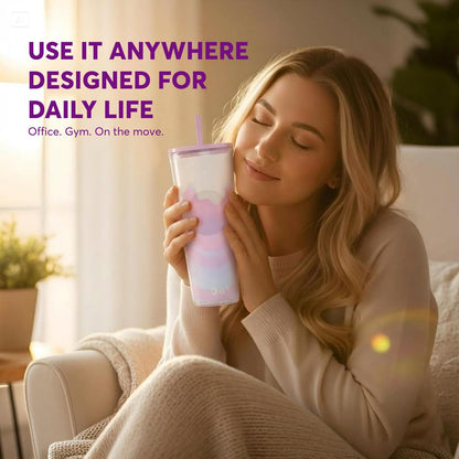 DA Plastic Tumbler With Lid And Straw, Double Wall Design, Leak Resistant Reusable BPA Free Travel Cup For Iced Coffee And Smoothies, 24oz (Pastel Purple Flowers)