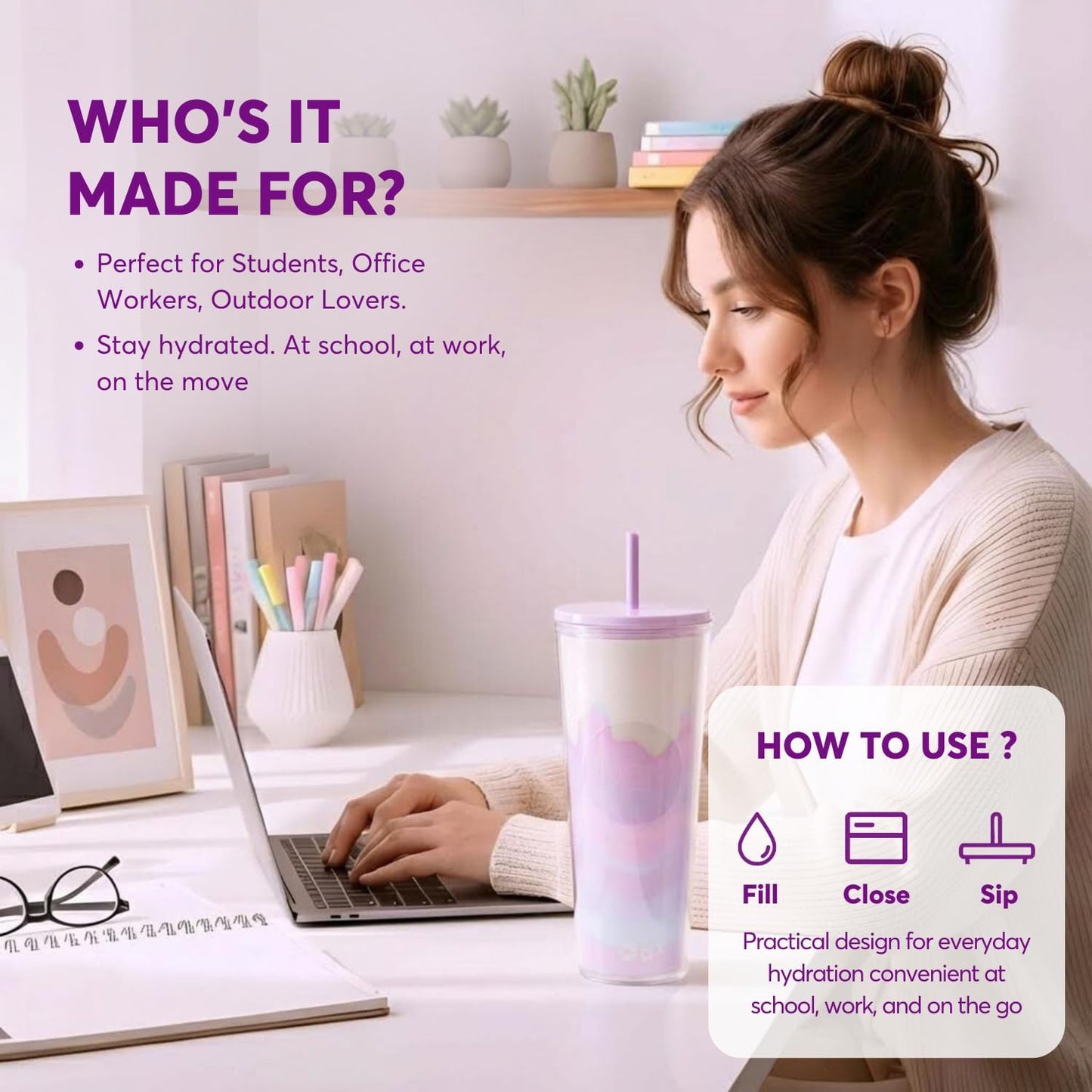 DA Plastic Tumbler With Lid And Straw, Double Wall Design, Leak Resistant Reusable BPA Free Travel Cup For Iced Coffee And Smoothies, 24oz (Pastel Purple Flowers)