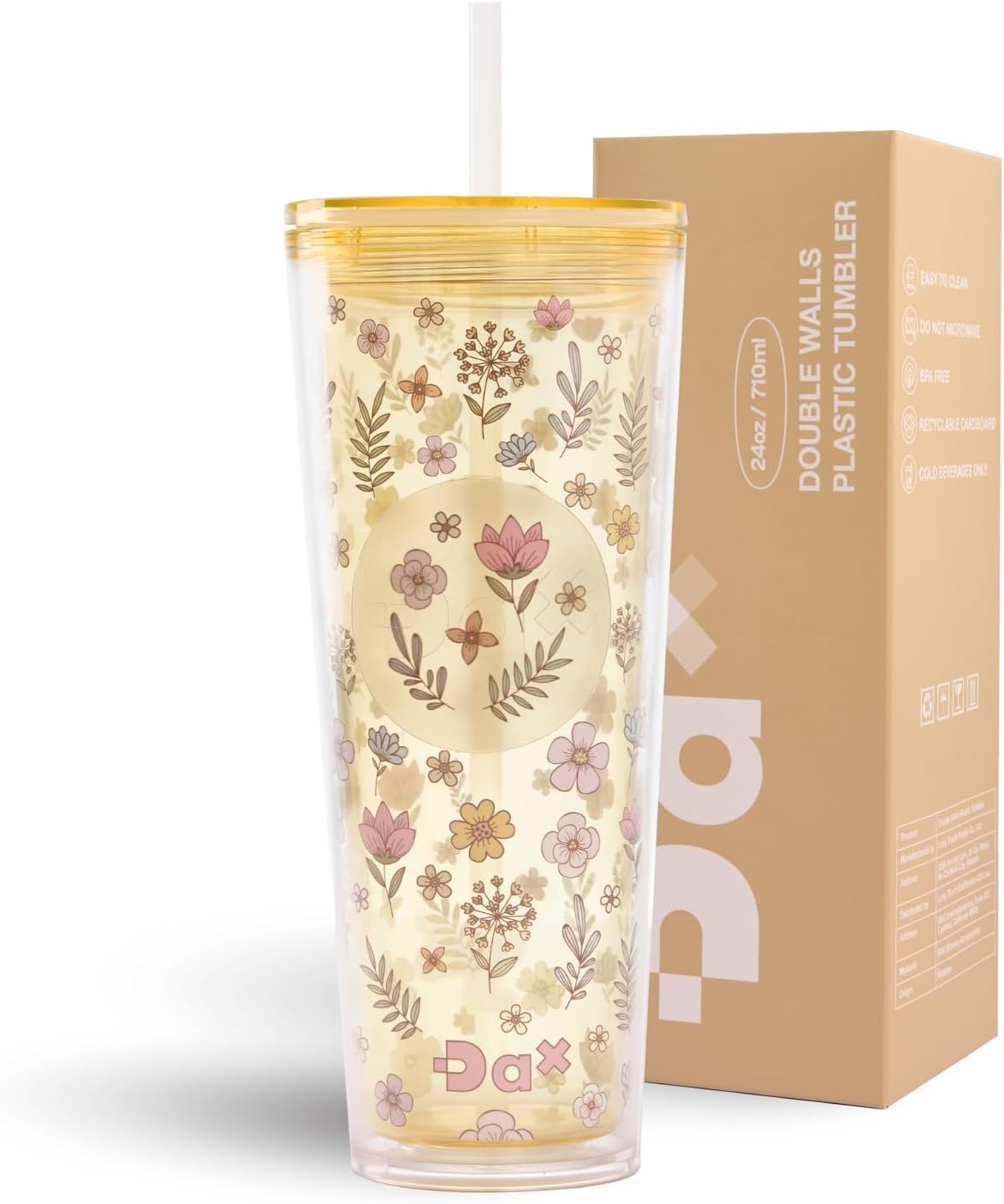 DA Plastic Tumbler With Lid And Straw, Double Wall Design, Leak Resistant Reusable BPA Free Travel Cup For Iced Coffee And Smoothies, 24oz (Pastel Purple Flowers)
