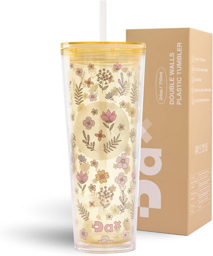 DA Plastic Tumbler With Lid And Straw, Double Wall Design, Leak Resistant Reusable BPA Free Travel Cup For Iced Coffee And Smoothies, 24oz (Pastel Purple Flowers)