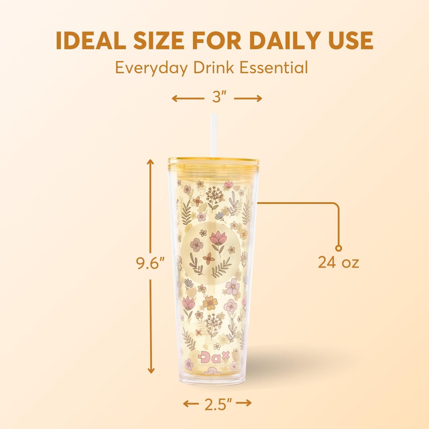 DA Plastic Tumbler With Lid And Straw, Double Wall Design, Leak Resistant Reusable BPA Free Travel Cup For Iced Coffee And Smoothies, 24oz (Pastel Purple Flowers)