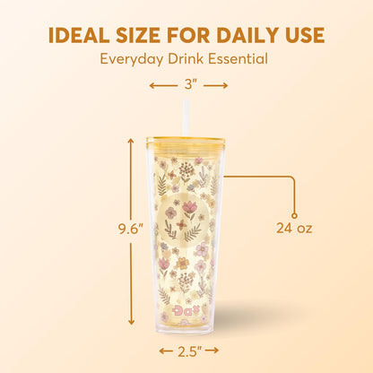DA Plastic Tumbler With Lid And Straw, Double Wall Design, Leak Resistant Reusable BPA Free Travel Cup For Iced Coffee And Smoothies, 24oz (Pastel Purple Flowers)