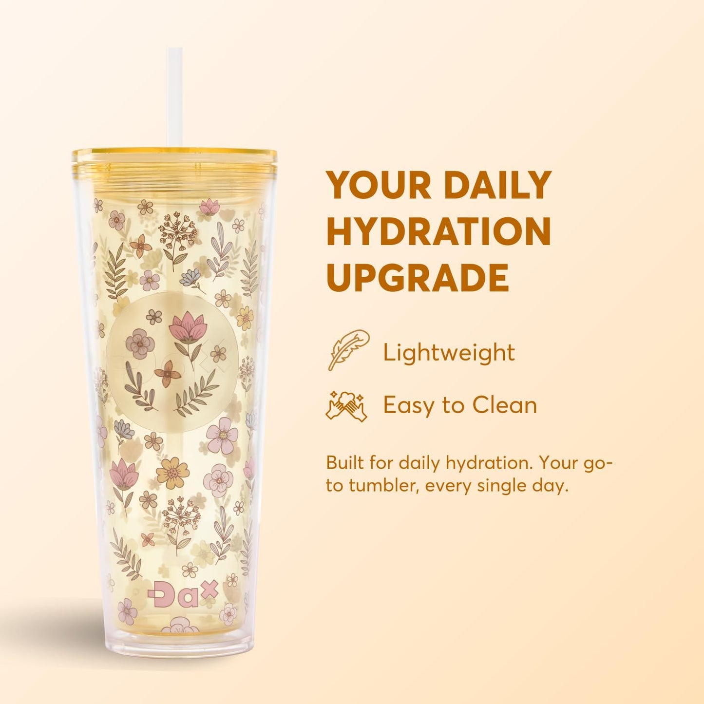 DA Plastic Tumbler With Lid And Straw, Double Wall Design, Leak Resistant Reusable BPA Free Travel Cup For Iced Coffee And Smoothies, 24oz (Pastel Purple Flowers)