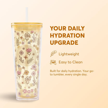 DA Plastic Tumbler With Lid And Straw, Double Wall Design, Leak Resistant Reusable BPA Free Travel Cup For Iced Coffee And Smoothies, 24oz (Pastel Purple Flowers)