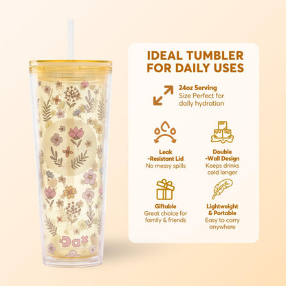 DA Plastic Tumbler With Lid And Straw, Double Wall Design, Leak Resistant Reusable BPA Free Travel Cup For Iced Coffee And Smoothies, 24oz (Pastel Purple Flowers)