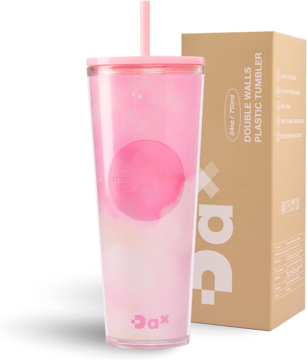 DA Plastic Tumbler With Lid And Straw, Double Wall Design, Leak Resistant Reusable BPA Free Travel Cup For Iced Coffee And Smoothies, 24oz (Pastel Purple Flowers)